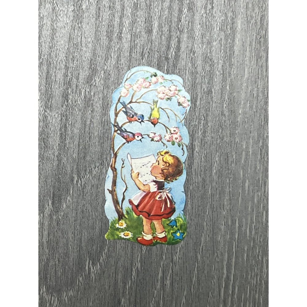 Vintage Die-Cut Little Girl Reading to Birds Spring Blossom Ephemera Art - Picture 1 of 4